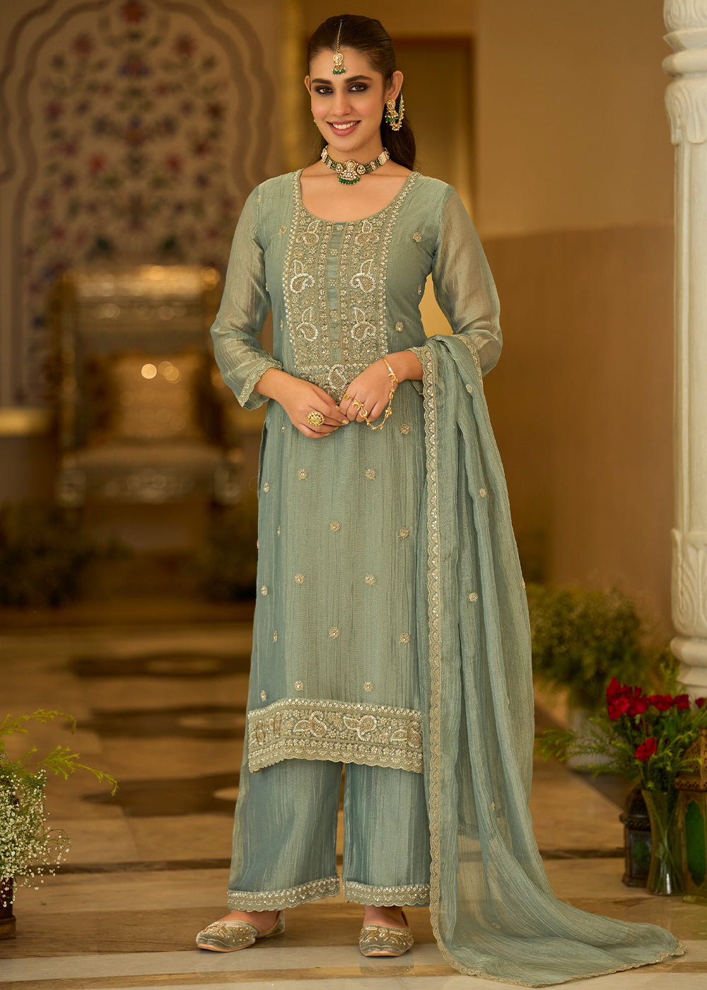 Sage Green Blended Silk Palazzo Suit Set with Gold-Shimmer Embroidery