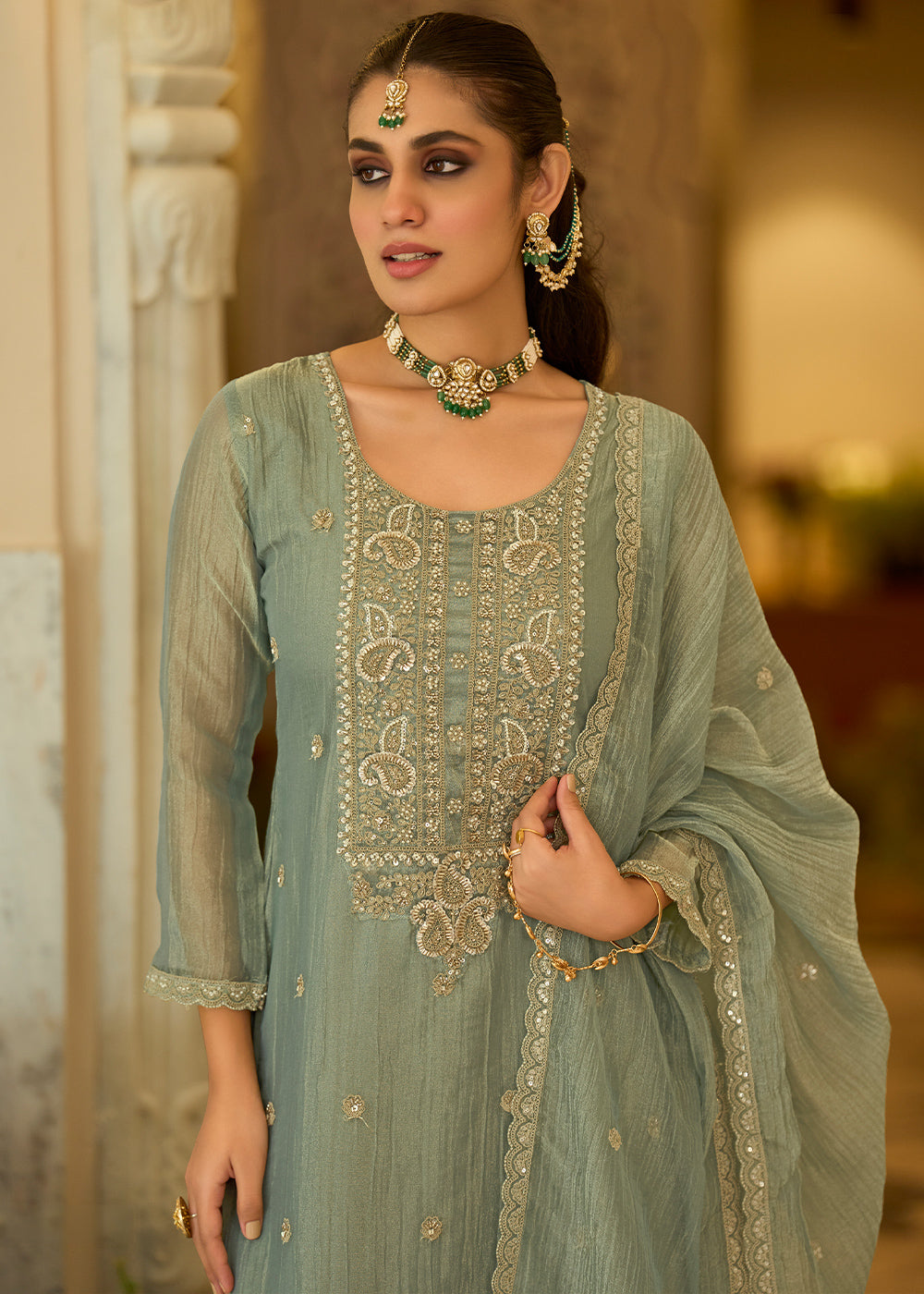 Sage Green Blended Silk Palazzo Suit Set with Gold-Shimmer Embroidery
