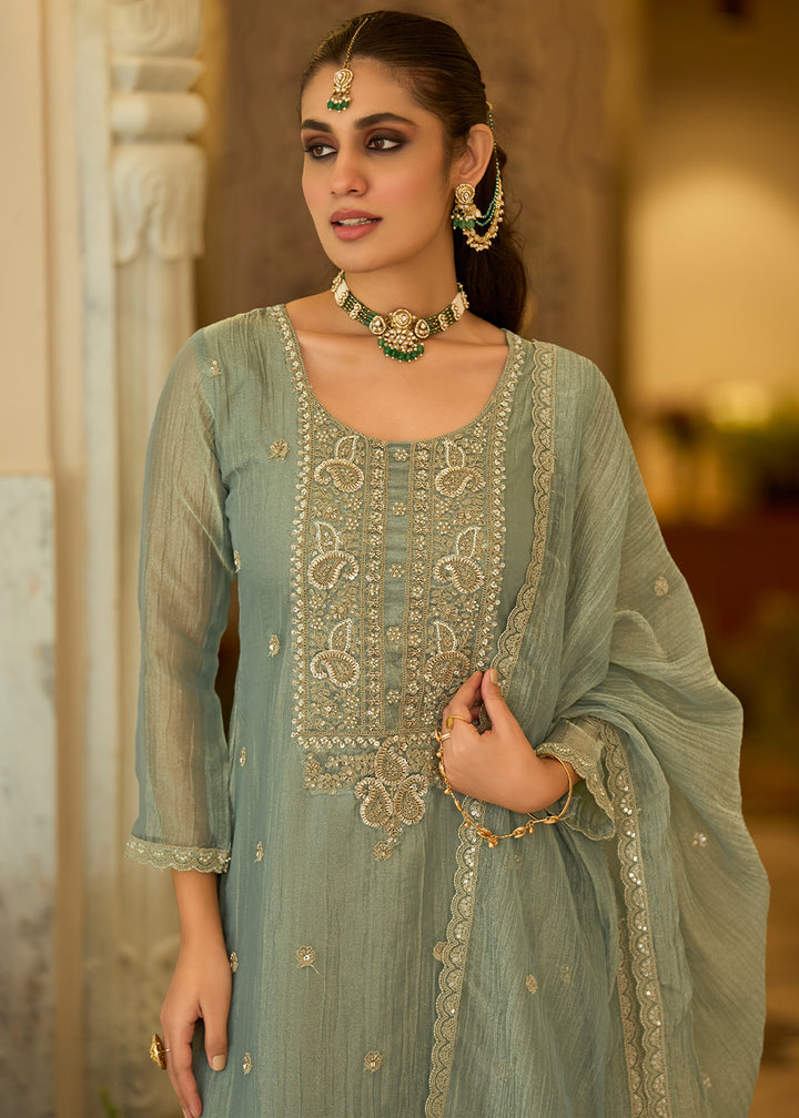 Sage Green Blended Silk Palazzo Suit Set with Gold-Shimmer Embroidery