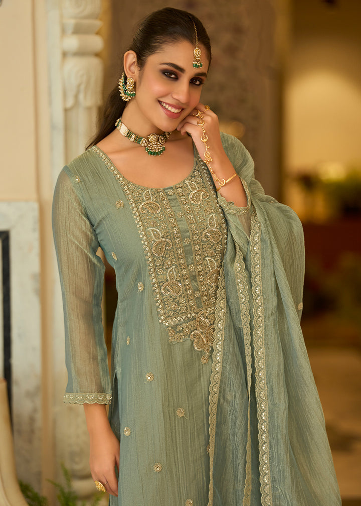 Sage Green Blended Silk Palazzo Suit Set with Gold-Shimmer Embroidery