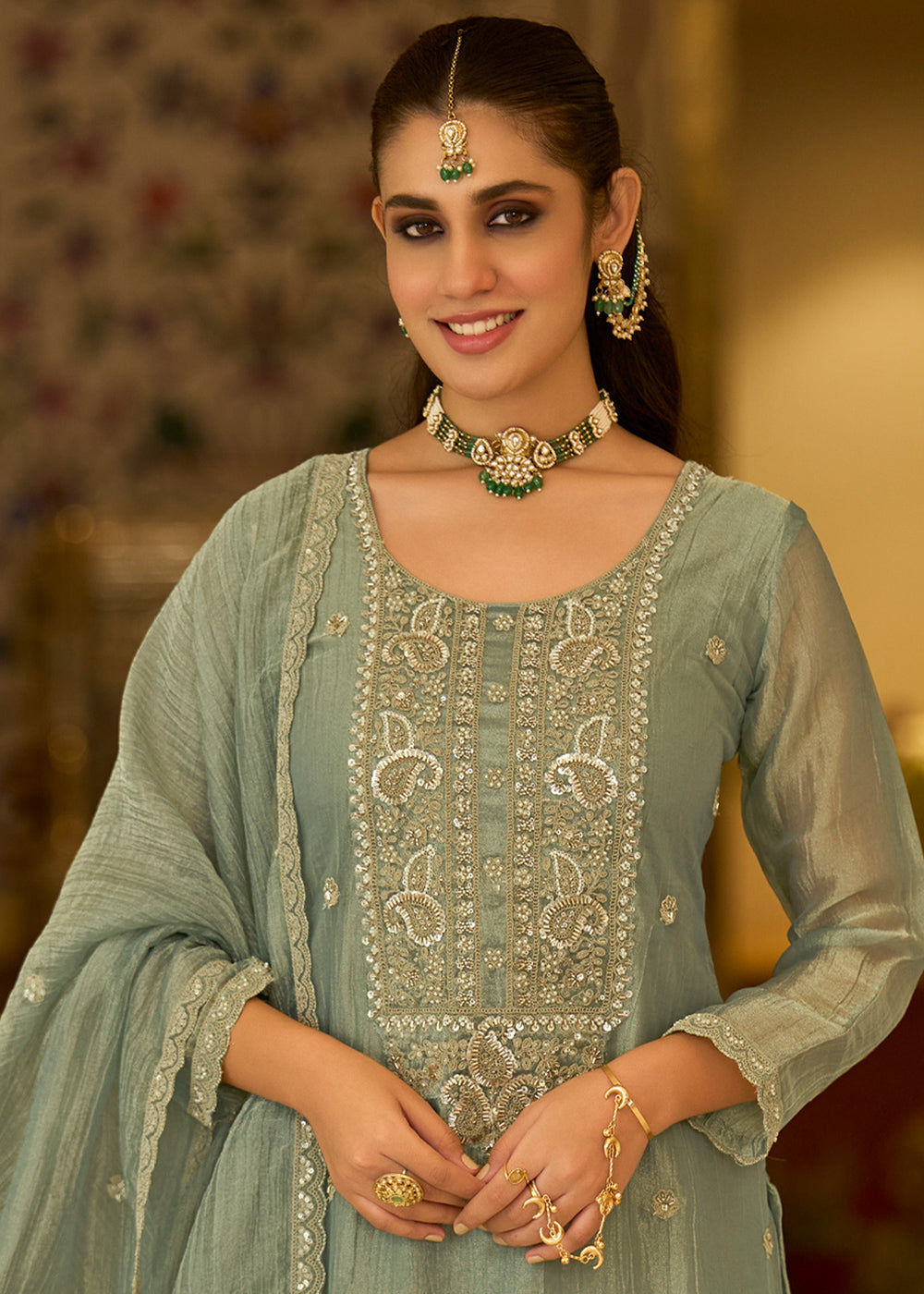 Sage Green Blended Silk Palazzo Suit Set with Gold-Shimmer Embroidery