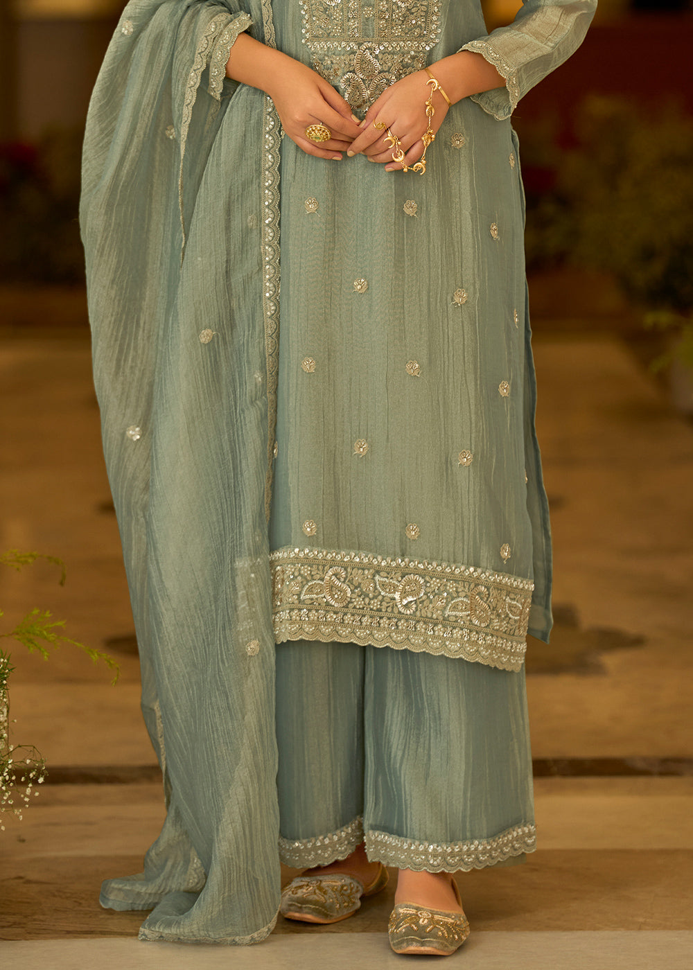 Sage Green Blended Silk Palazzo Suit Set with Gold-Shimmer Embroidery