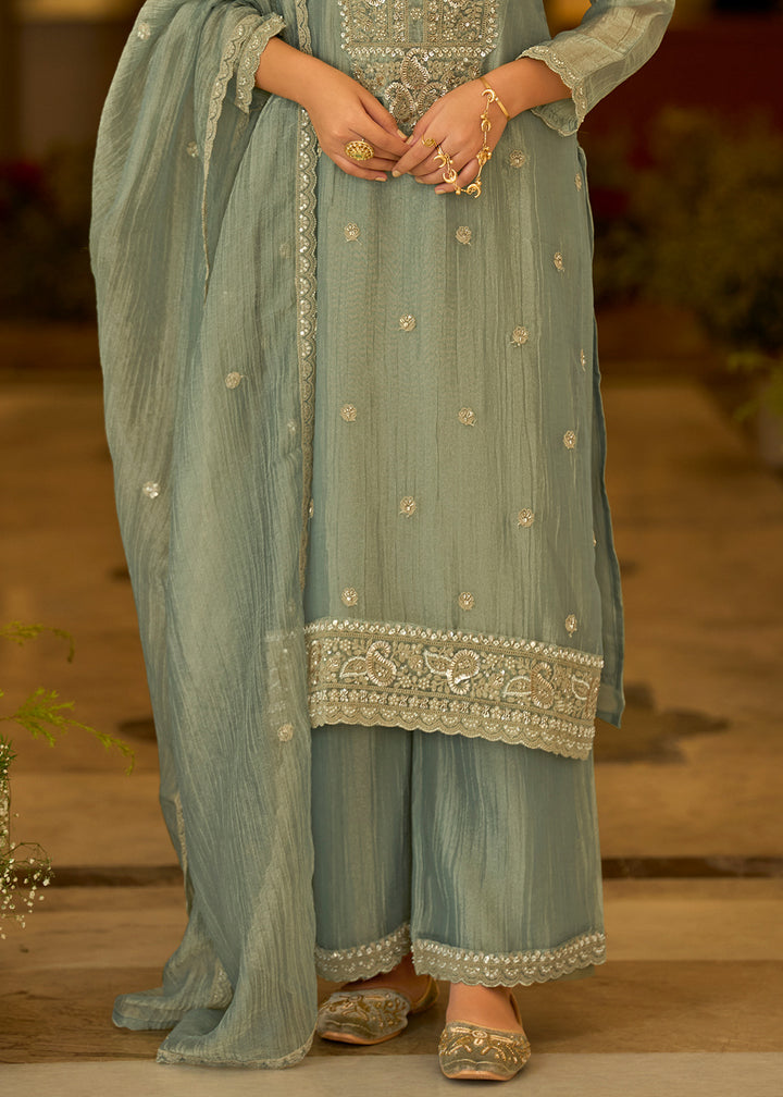 Sage Green Blended Silk Palazzo Suit Set with Gold-Shimmer Embroidery