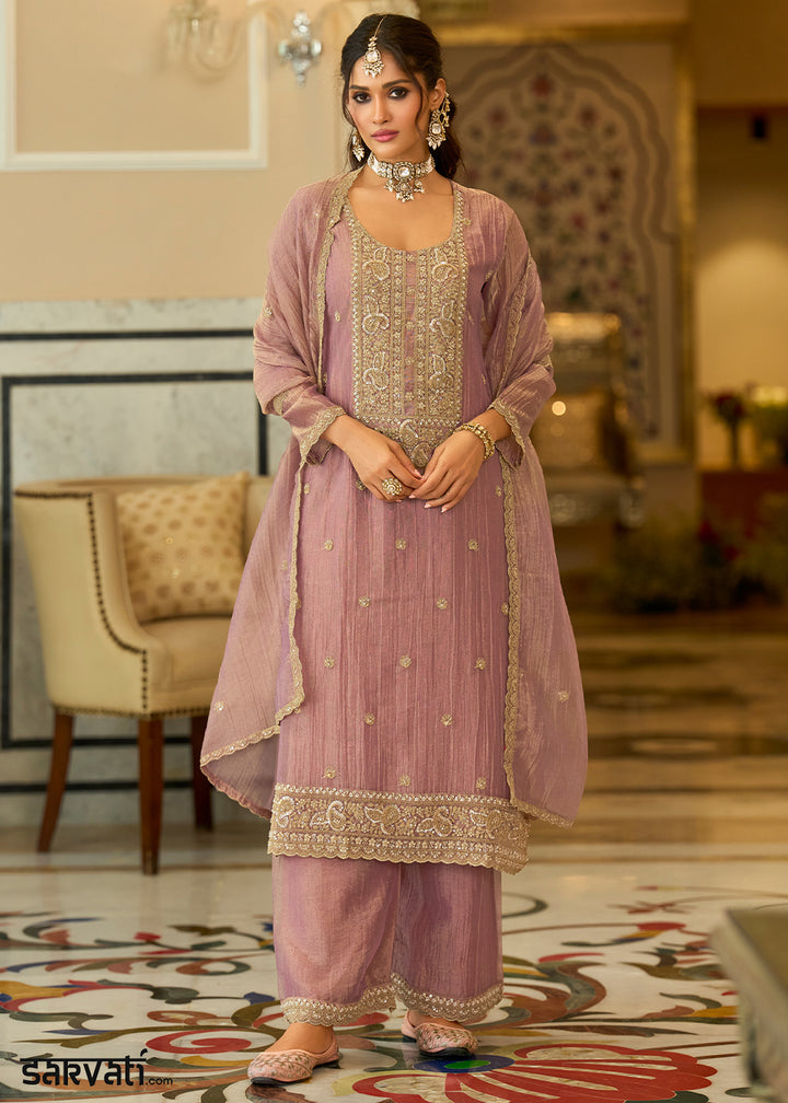 Dusty Mauve Blended Silk Palazzo Suit Set with Gold-Shimmer Embroidery