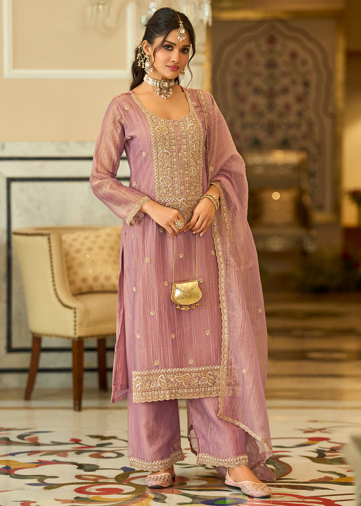 Dusty Mauve Blended Silk Palazzo Suit Set with Gold-Shimmer Embroidery