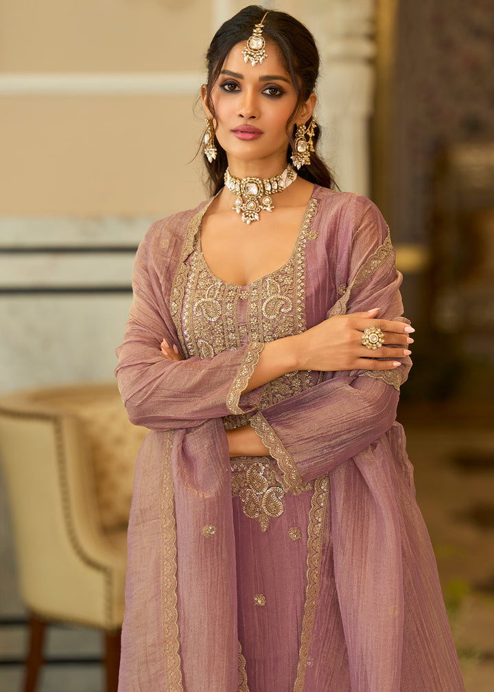 Dusty Mauve Blended Silk Palazzo Suit Set with Gold-Shimmer Embroidery