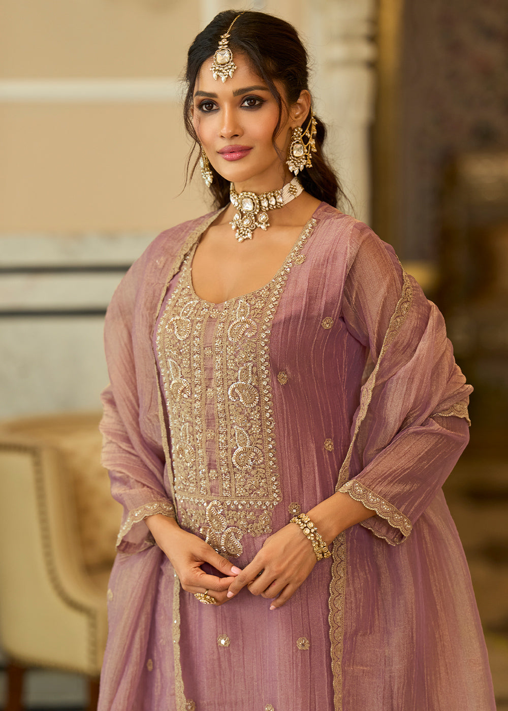 Dusty Mauve Blended Silk Palazzo Suit Set with Gold-Shimmer Embroidery
