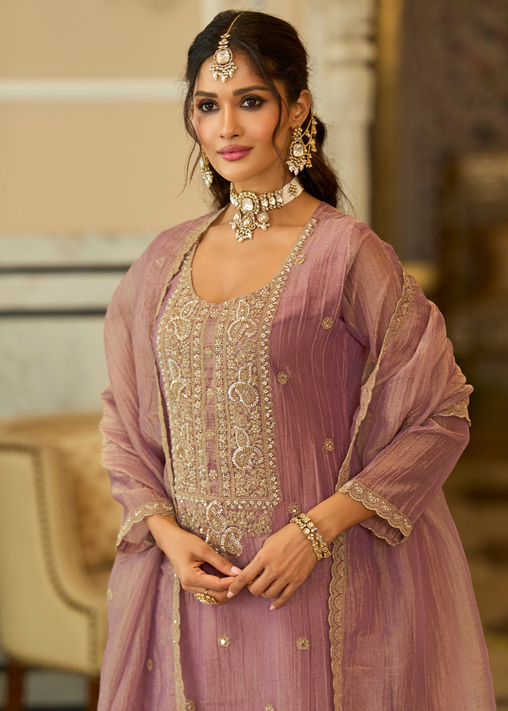 Dusty Mauve Blended Silk Palazzo Suit Set with Gold-Shimmer Embroidery