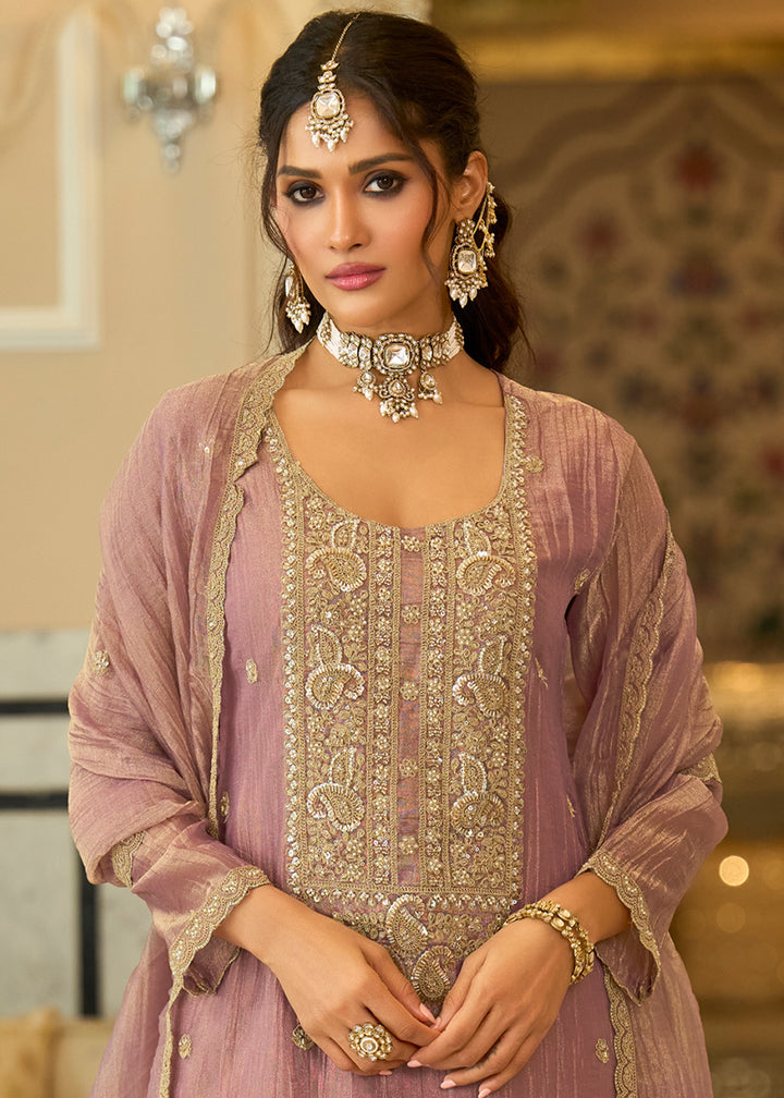 Dusty Mauve Blended Silk Palazzo Suit Set with Gold-Shimmer Embroidery