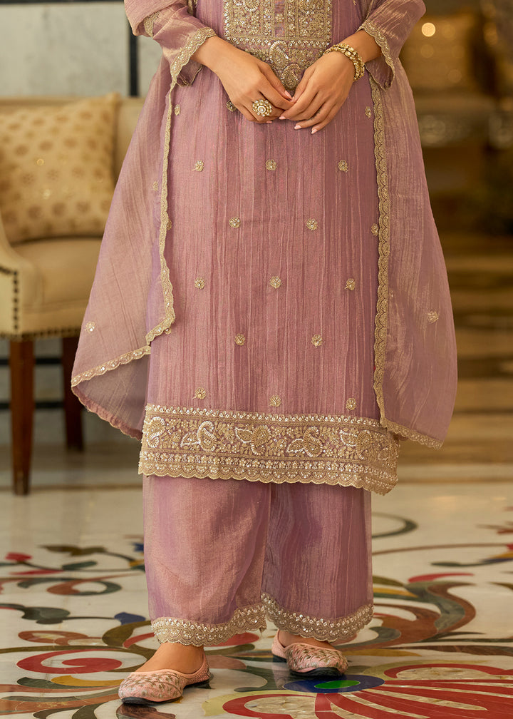 Dusty Mauve Blended Silk Palazzo Suit Set with Gold-Shimmer Embroidery