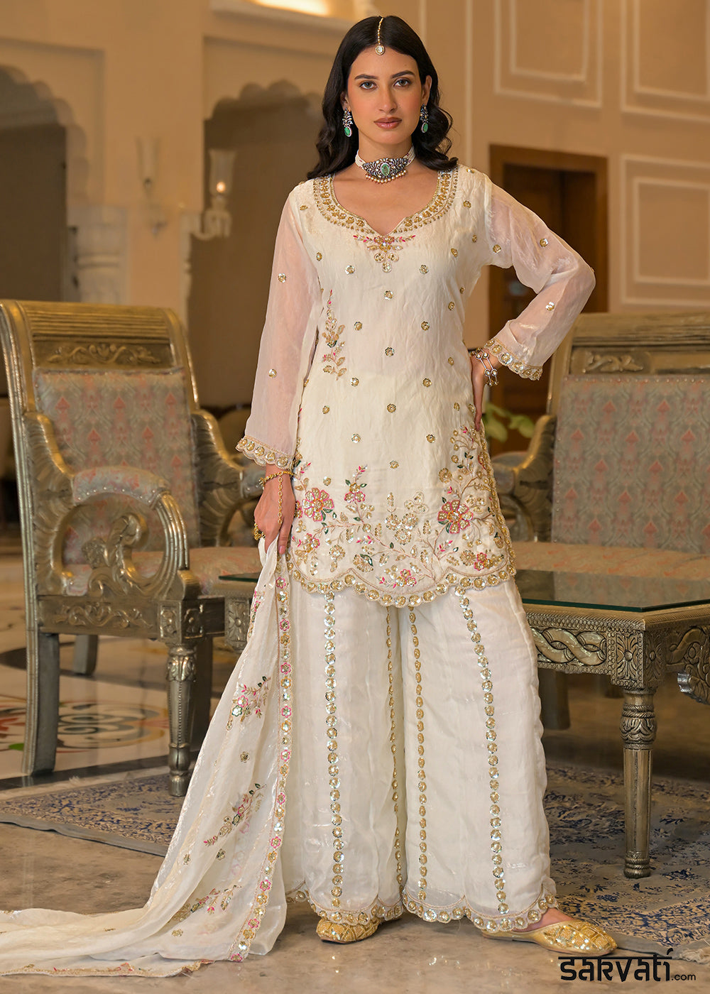 Ivory White Satin Silk Palazzo Suit Set with detailed Sequin Embroidery