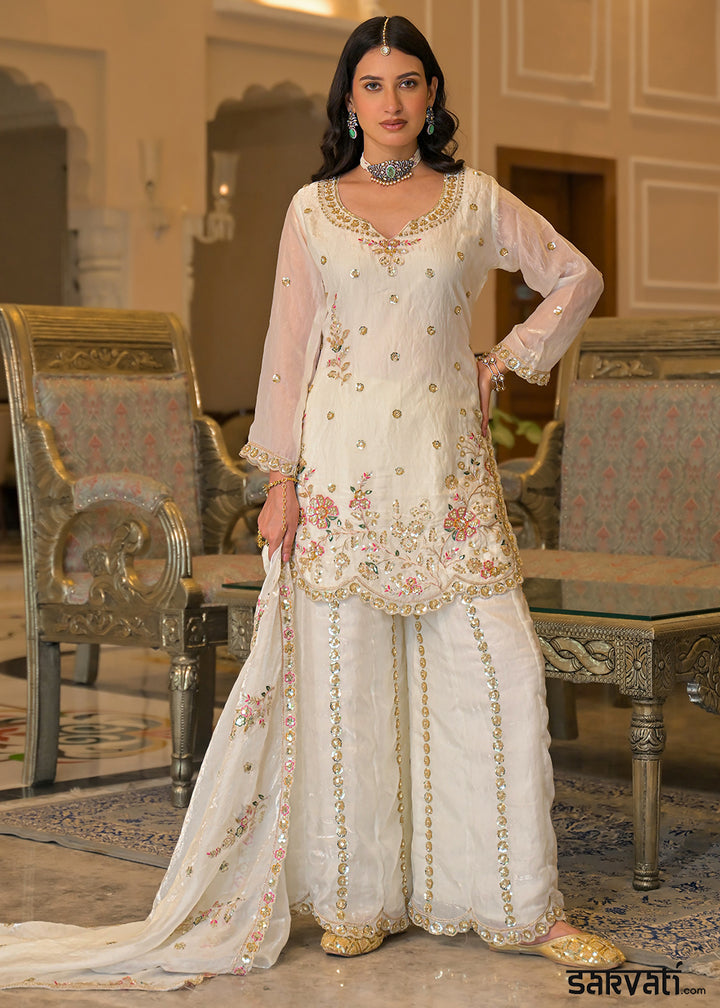 Ivory White Satin Silk Palazzo Suit Set with detailed Sequin Embroidery