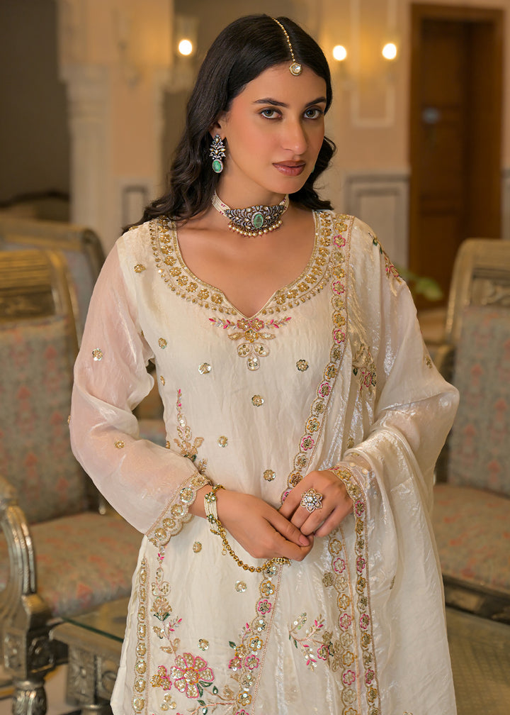 Ivory White Satin Silk Palazzo Suit Set with detailed Sequin Embroidery