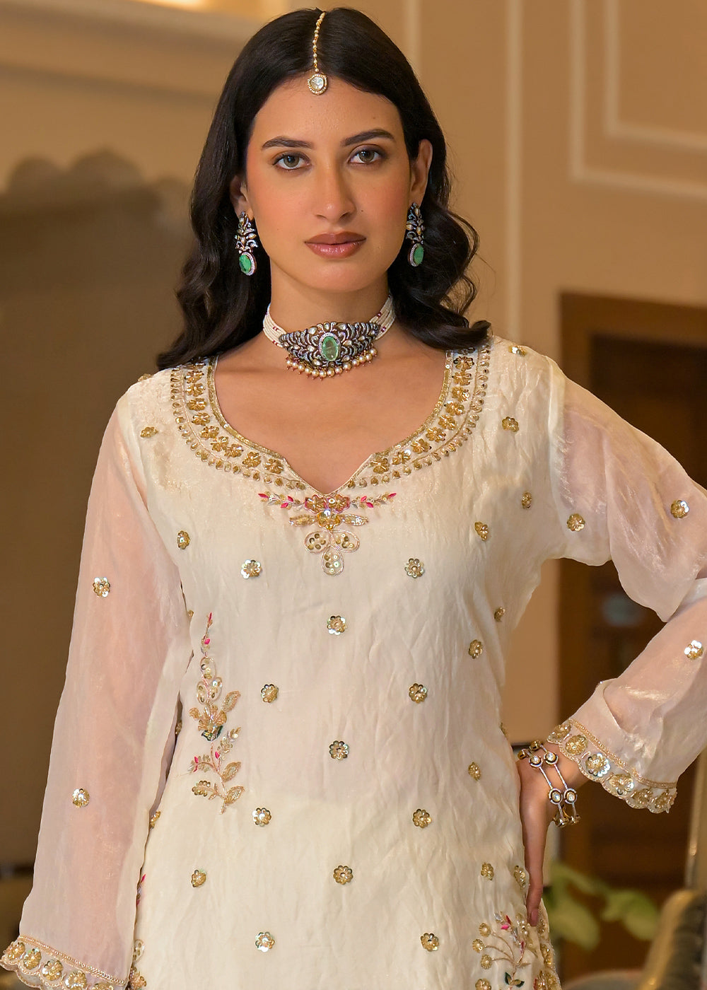 Ivory White Satin Silk Palazzo Suit Set with detailed Sequin Embroidery