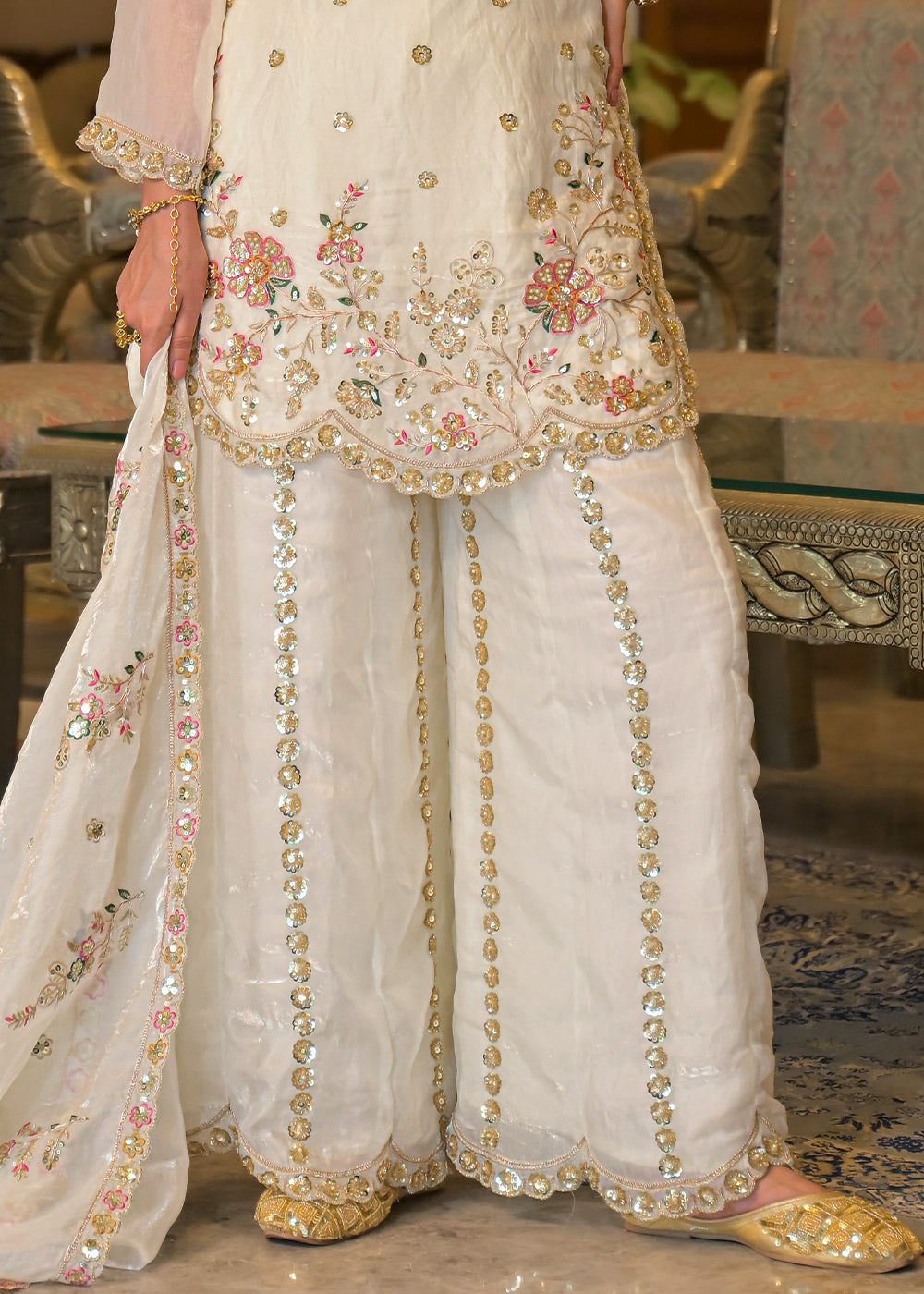 Ivory White Satin Silk Palazzo Suit Set with detailed Sequin Embroidery