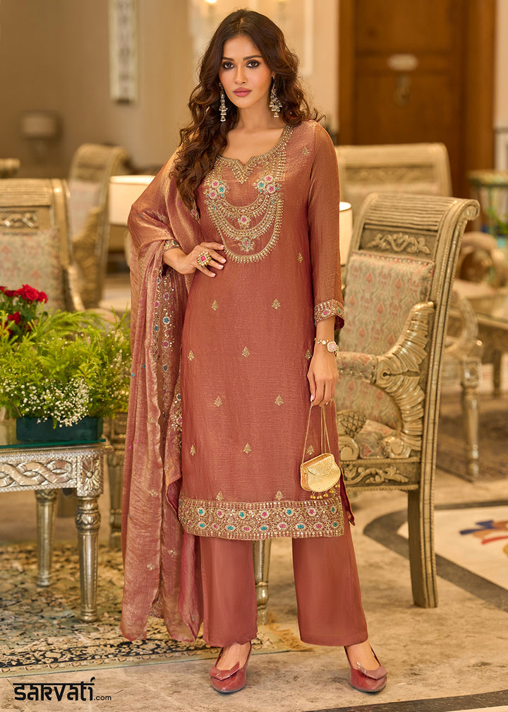 Dusty Mauve Pink Chiffon Silk Straight Kurta Set with Embroidered Detailing