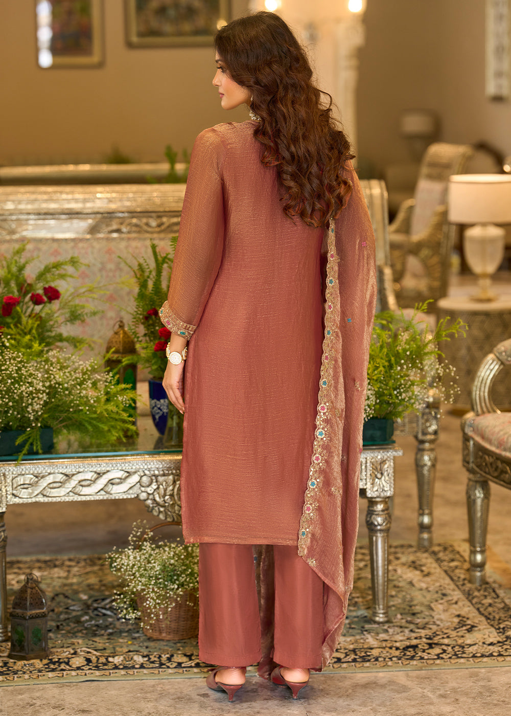 Dusty Mauve Pink Chiffon Silk Straight Kurta Set with Embroidered Detailing