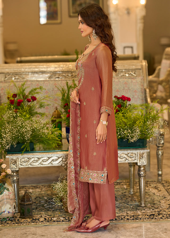 Dusty Mauve Pink Chiffon Silk Straight Kurta Set with Embroidered Detailing