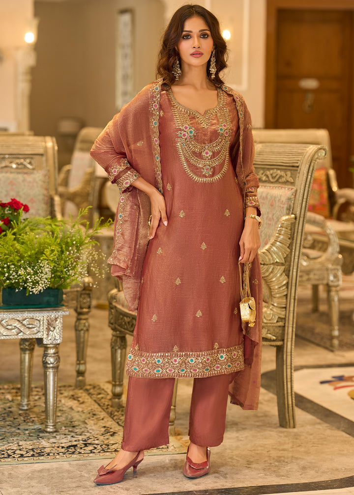 Dusty Mauve Pink Chiffon Silk Straight Kurta Set with Embroidered Detailing