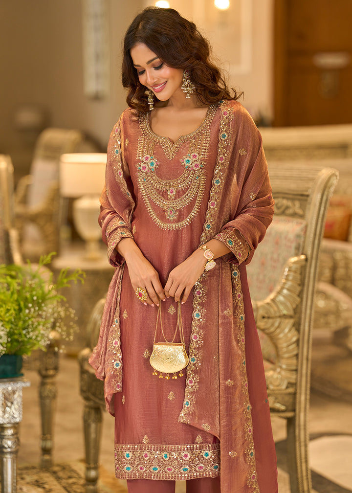 Dusty Mauve Pink Chiffon Silk Straight Kurta Set with Embroidered Detailing