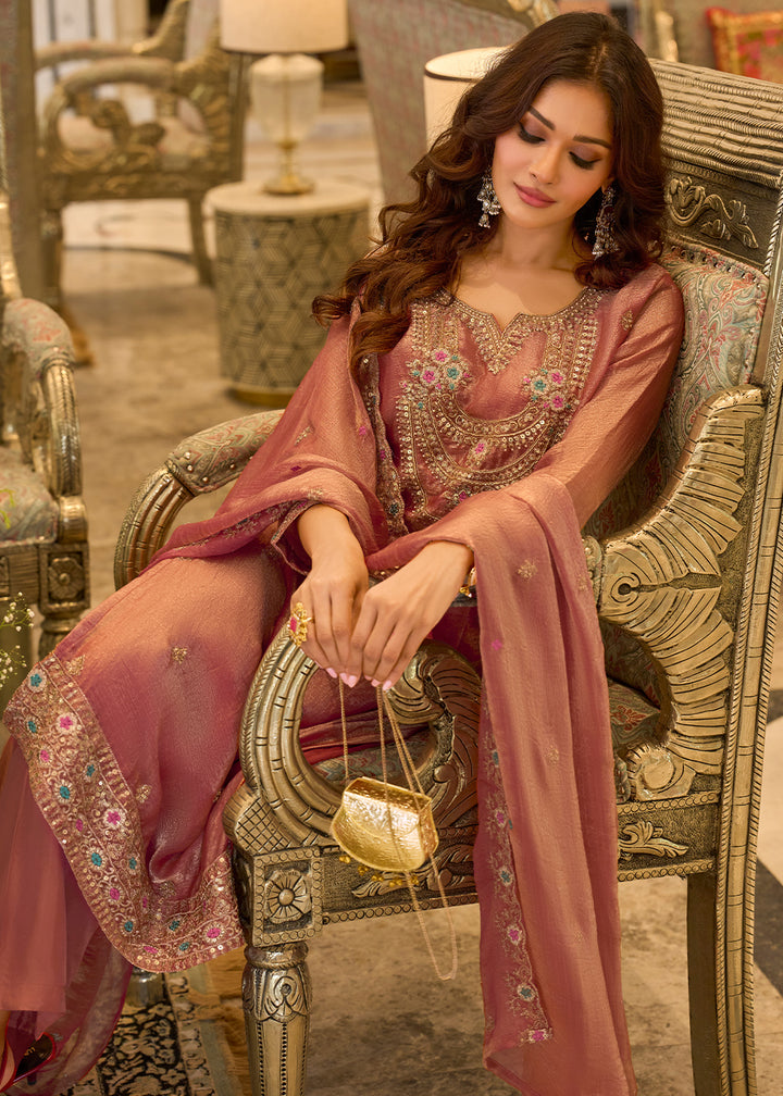 Dusty Mauve Pink Chiffon Silk Straight Kurta Set with Embroidered Detailing