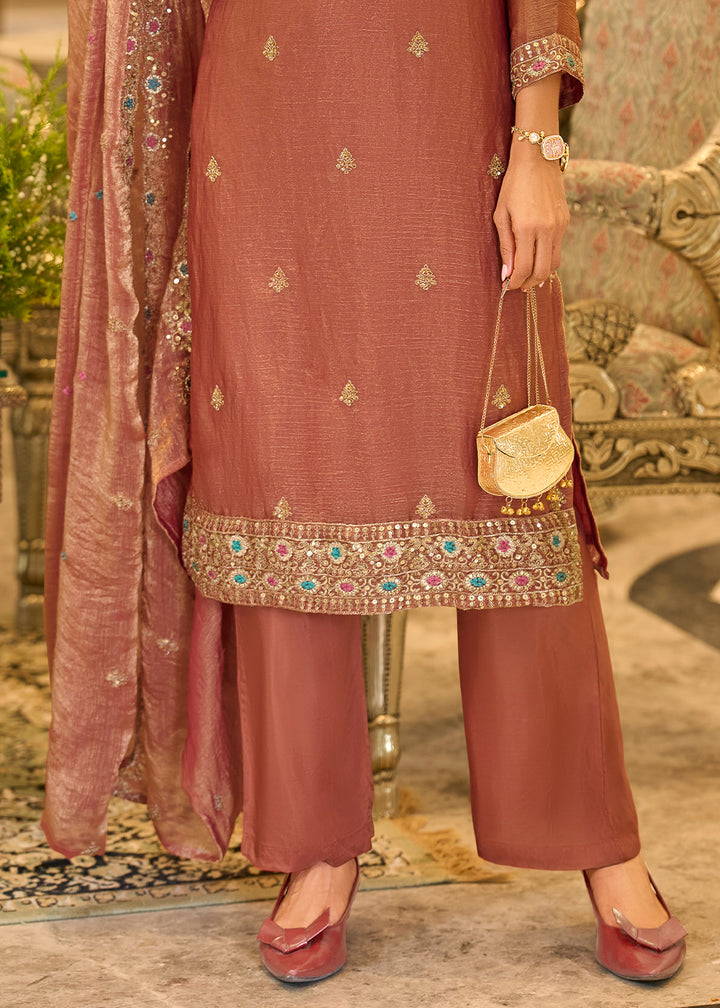 Dusty Mauve Pink Chiffon Silk Straight Kurta Set with Embroidered Detailing