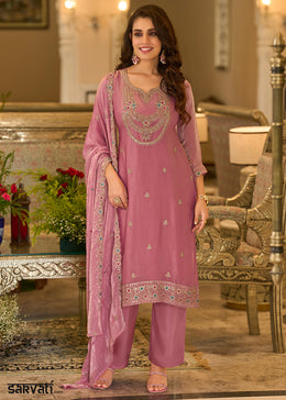 Rust Rose Chiffon Silk Straight Kurta Set with Embroidered Detailing