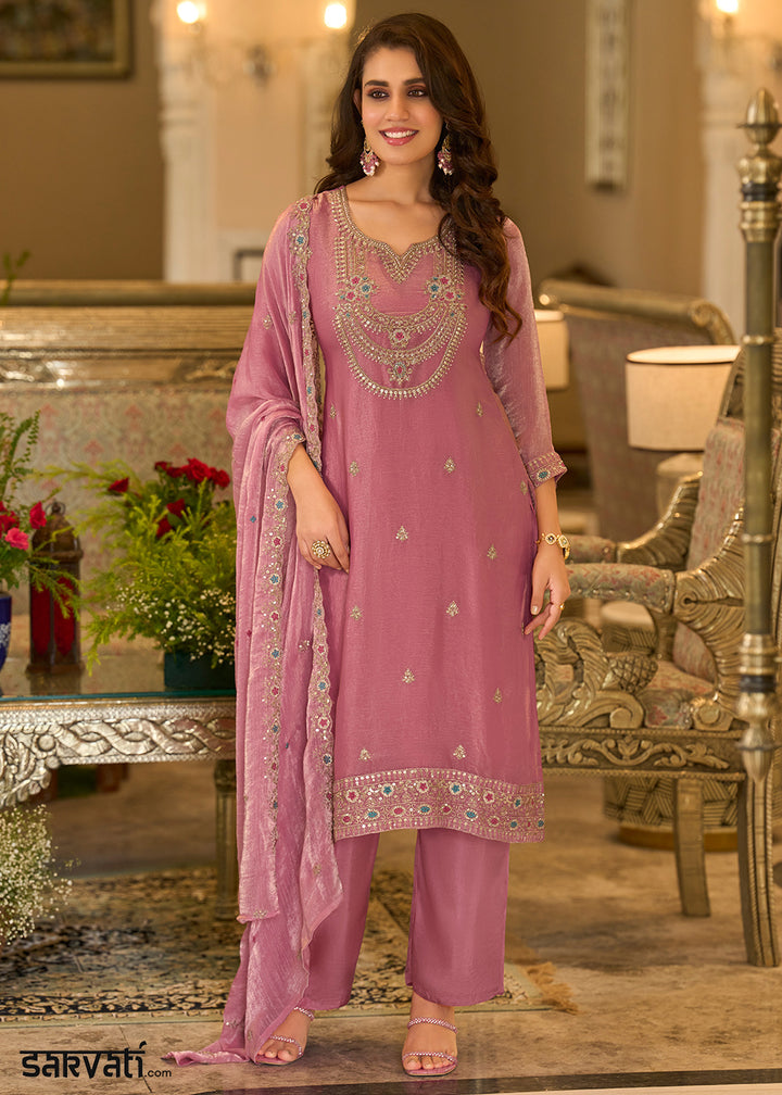 Rust Rose Chiffon Silk Straight Kurta Set with Embroidered Detailing