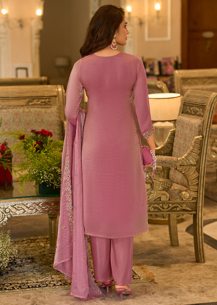 Rust Rose Chiffon Silk Straight Kurta Set with Embroidered Detailing