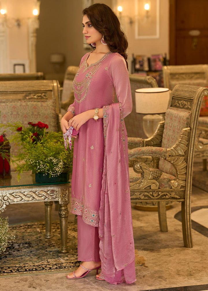 Rust Rose Chiffon Silk Straight Kurta Set with Embroidered Detailing