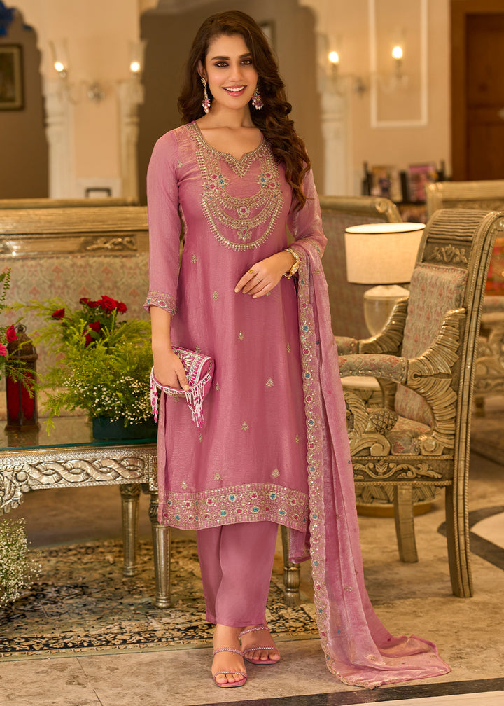 Rust Rose Chiffon Silk Straight Kurta Set with Embroidered Detailing