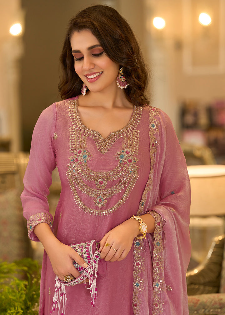 Rust Rose Chiffon Silk Straight Kurta Set with Embroidered Detailing