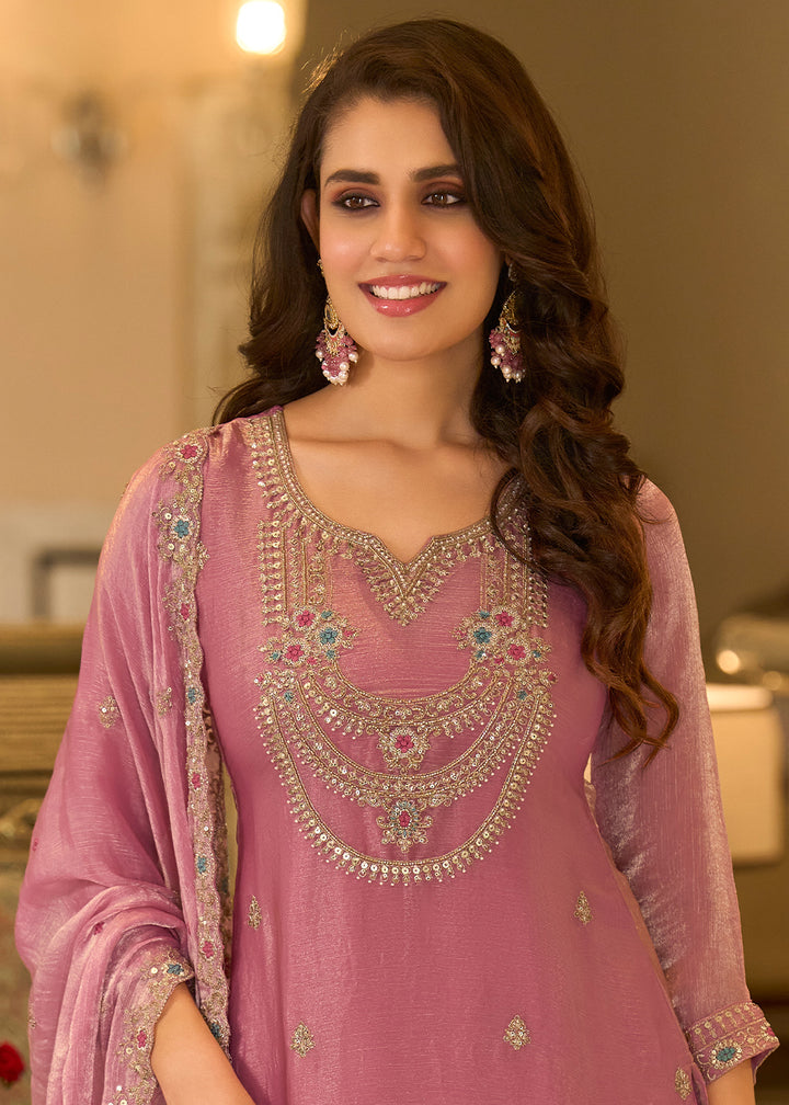 Rust Rose Chiffon Silk Straight Kurta Set with Embroidered Detailing