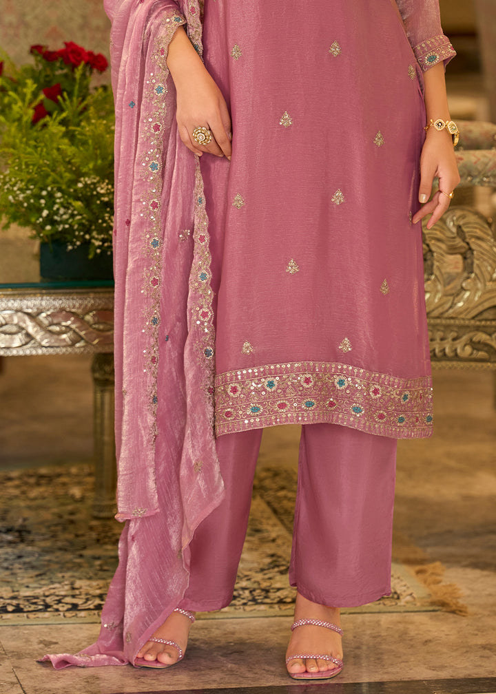 Rust Rose Chiffon Silk Straight Kurta Set with Embroidered Detailing