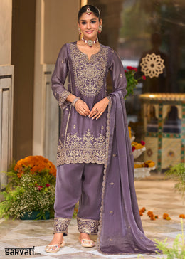 Muted Plum Blended Silk Farsi Salwar Set with Gold Embroidery