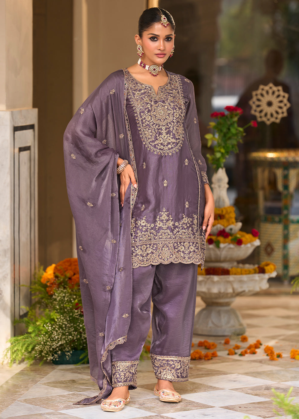 Muted Plum Blended Silk Farsi Salwar Set with Gold Embroidery