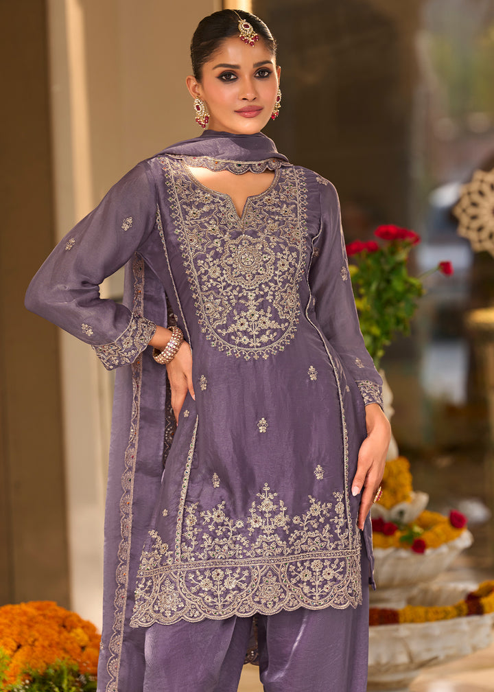 Muted Plum Blended Silk Farsi Salwar Set with Gold Embroidery