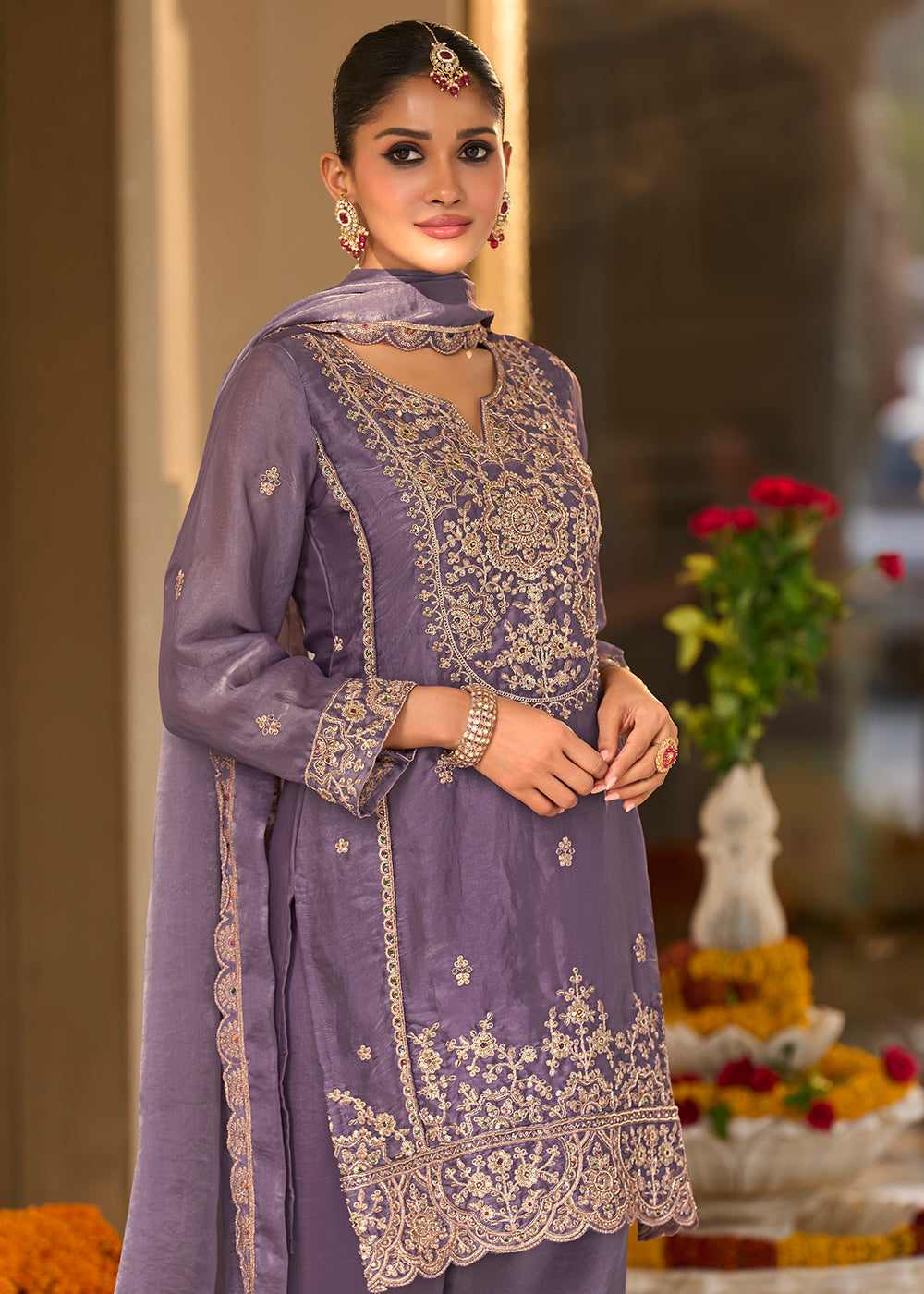 Muted Plum Blended Silk Farsi Salwar Set with Gold Embroidery
