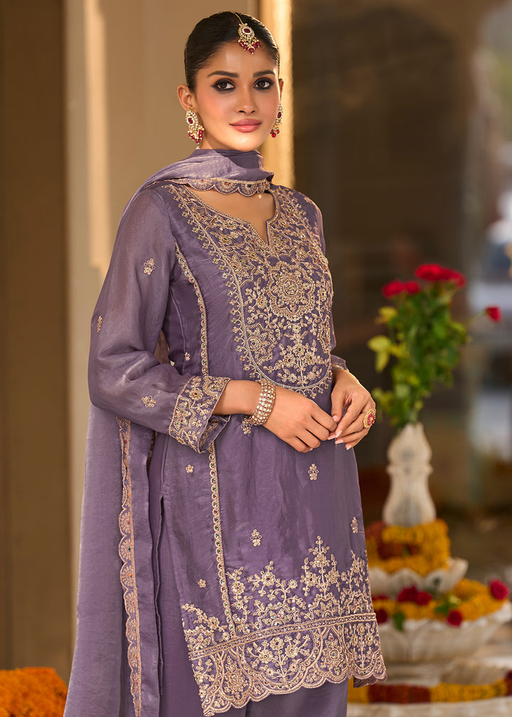 Muted Plum Blended Silk Farsi Salwar Set with Gold Embroidery