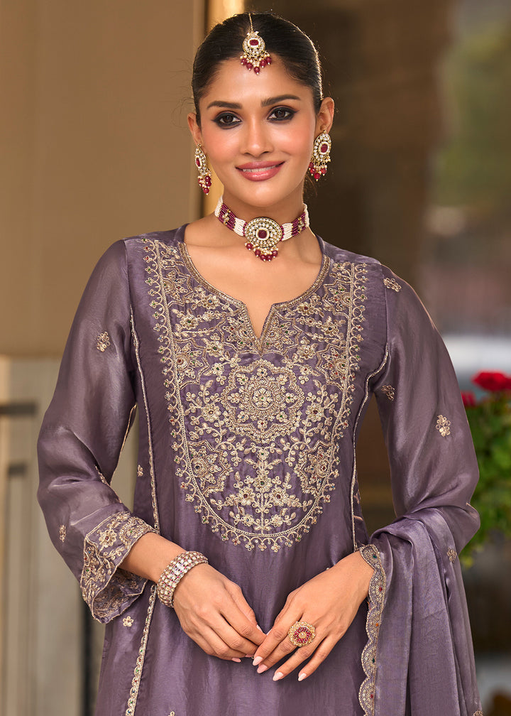 Muted Plum Blended Silk Farsi Salwar Set with Gold Embroidery