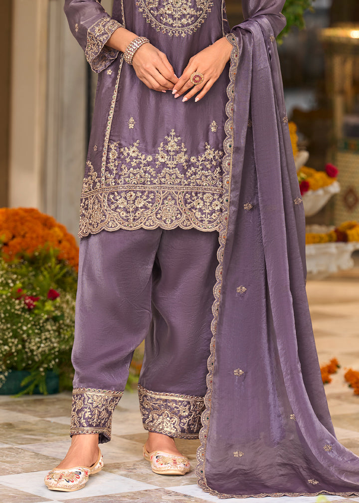 Muted Plum Blended Silk Farsi Salwar Set with Gold Embroidery