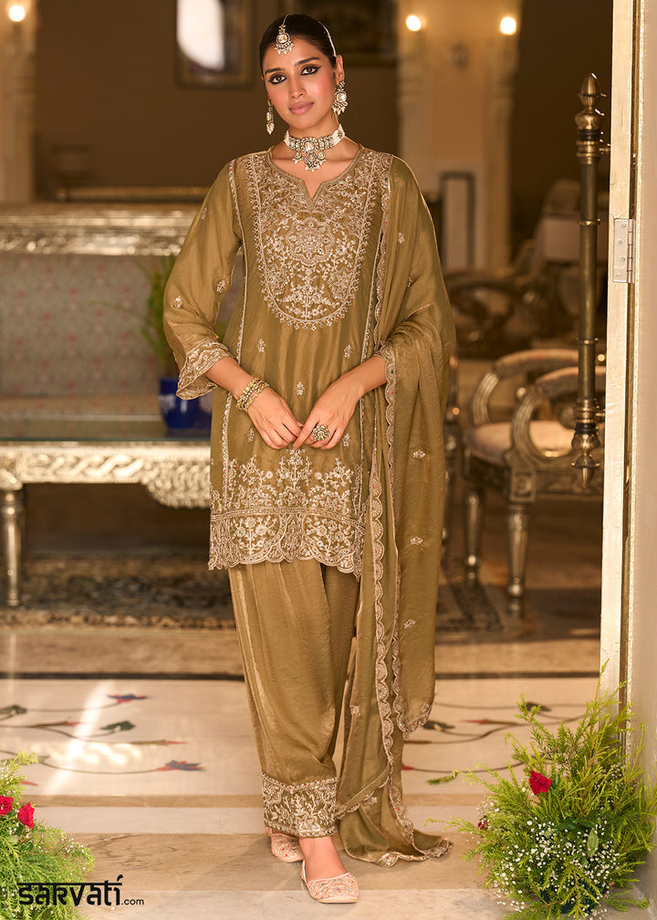 Olive Gold Blended Silk Farsi Salwar Set with Gold Embroidery