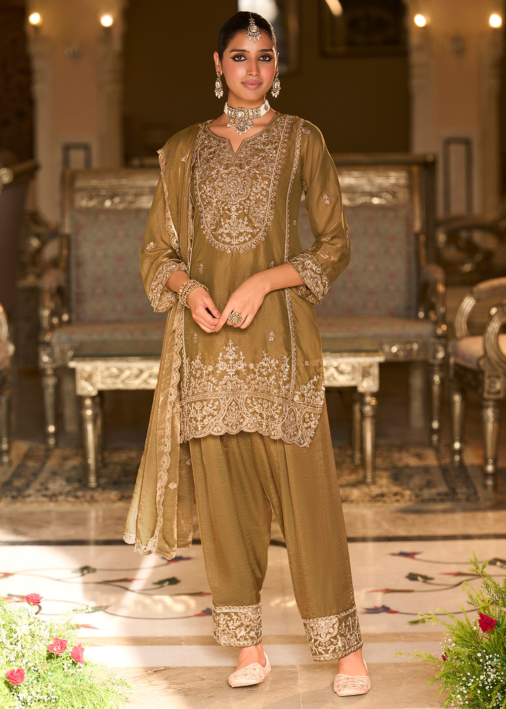Olive Gold Blended Silk Farsi Salwar Set with Gold Embroidery