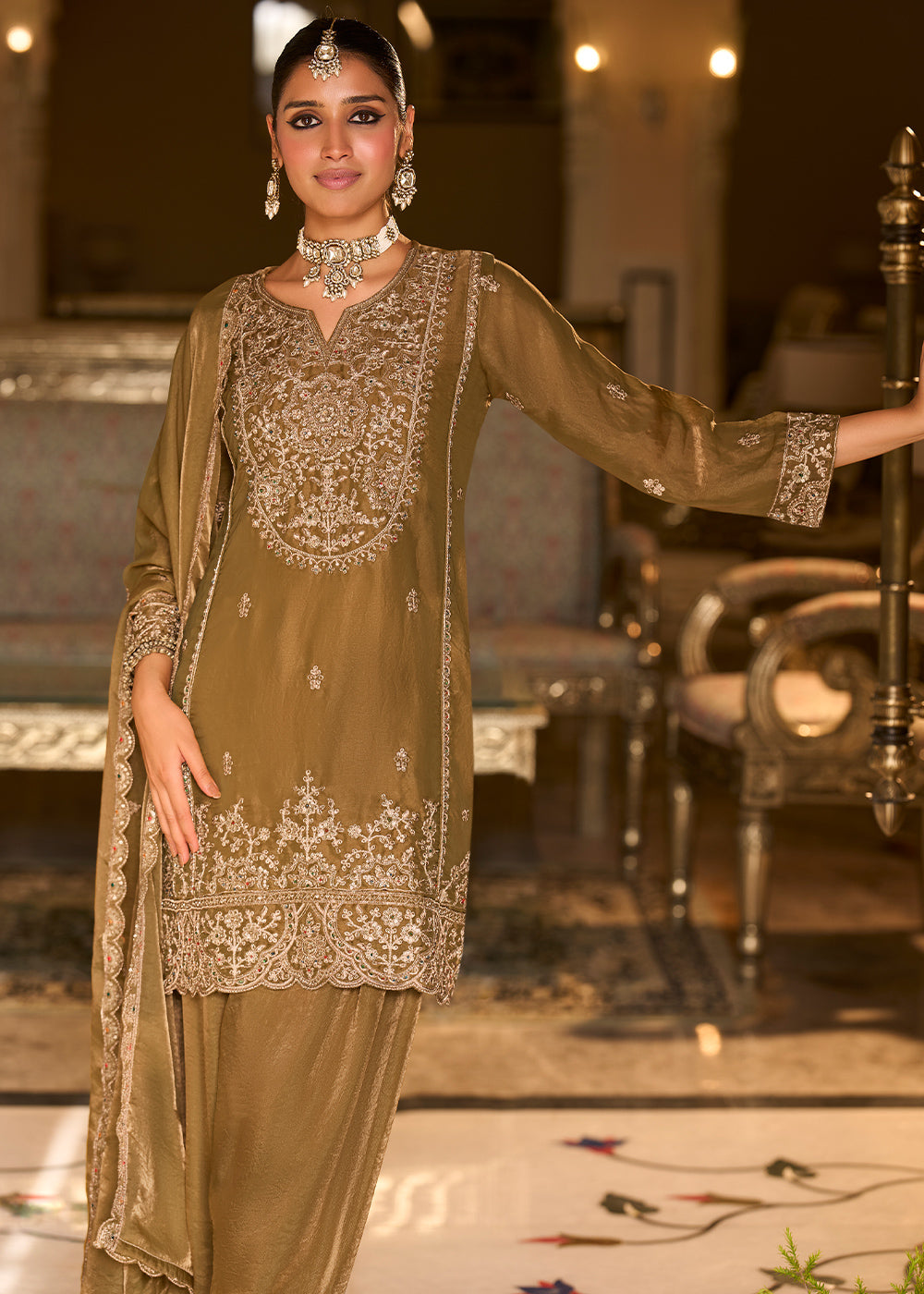 Olive Gold Blended Silk Farsi Salwar Set with Gold Embroidery