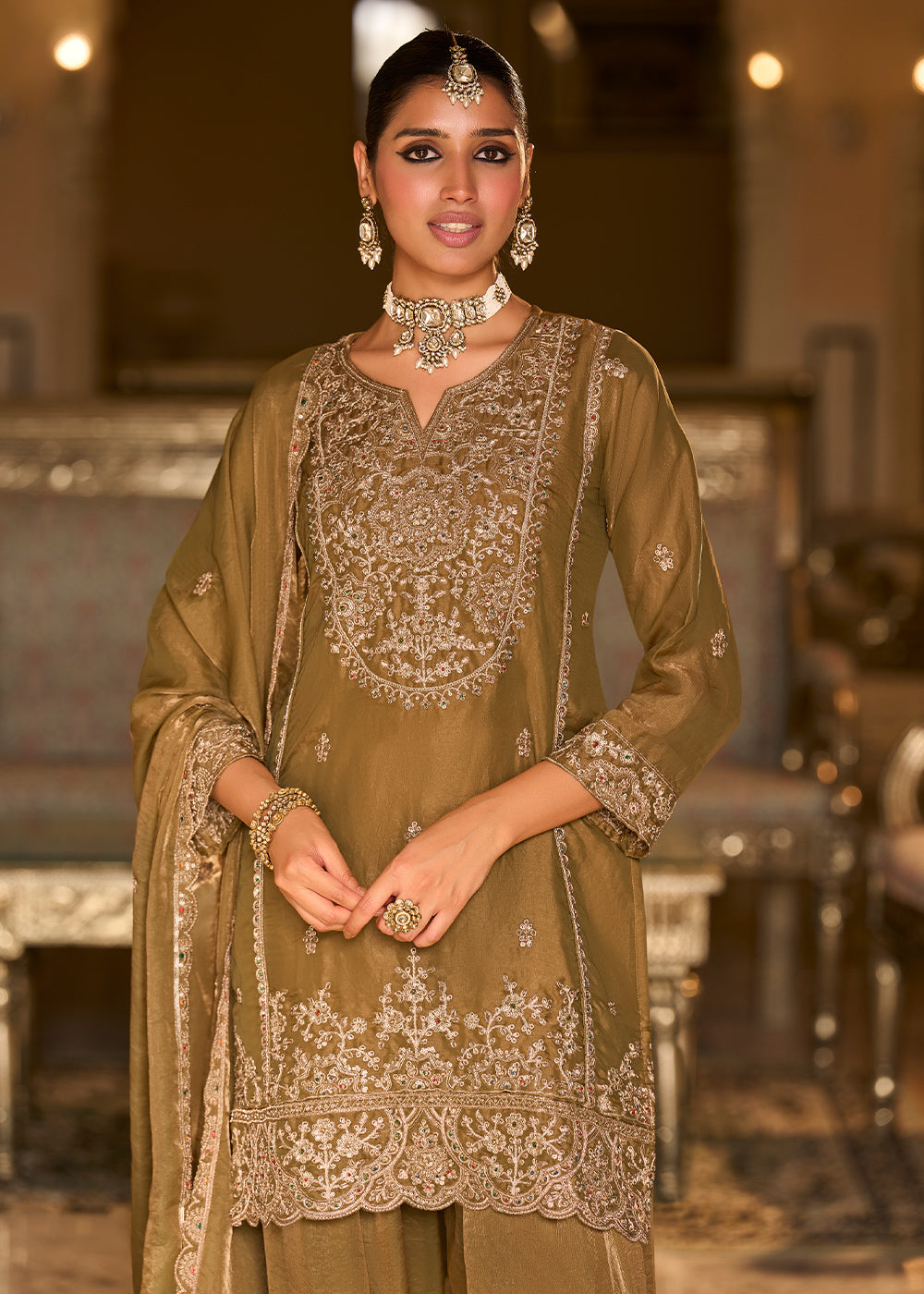 Olive Gold Blended Silk Farsi Salwar Set with Gold Embroidery