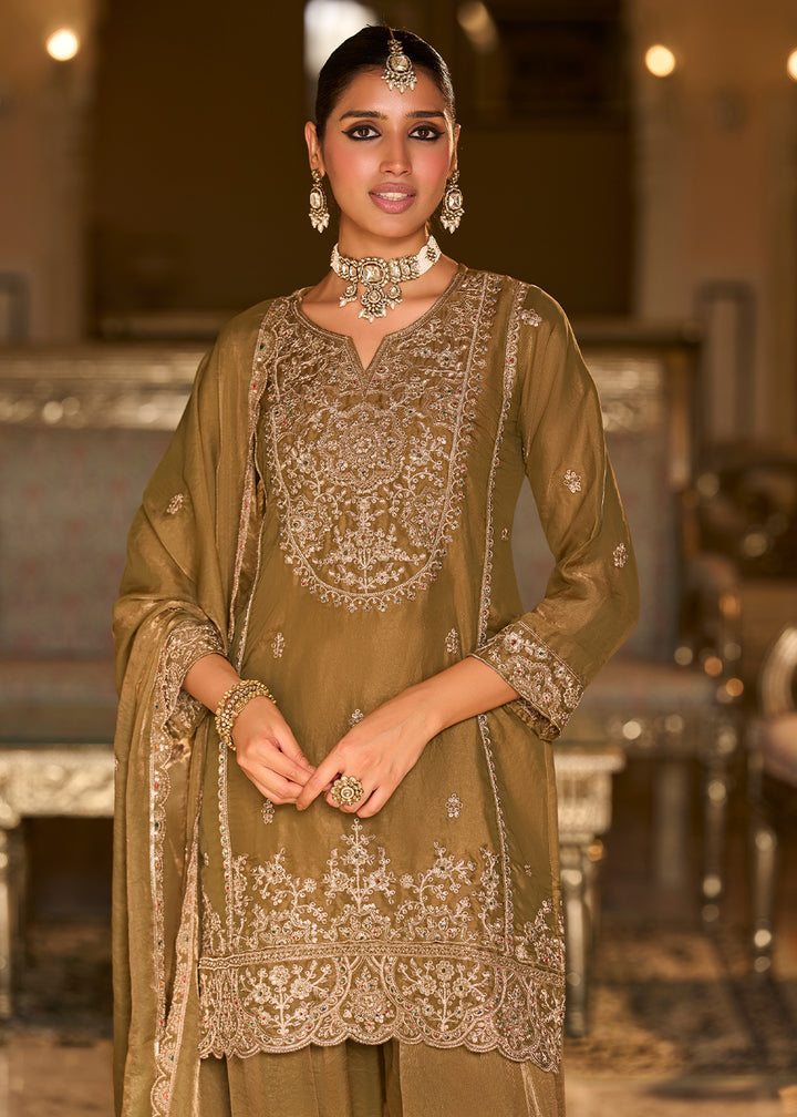Olive Gold Blended Silk Farsi Salwar Set with Gold Embroidery