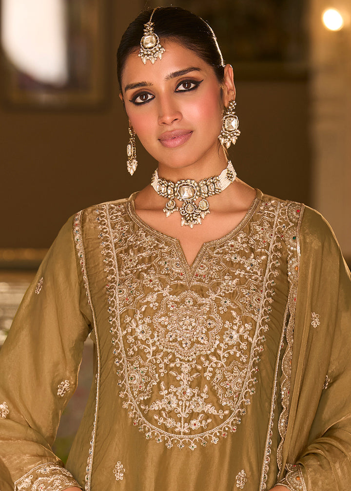 Olive Gold Blended Silk Farsi Salwar Set with Gold Embroidery