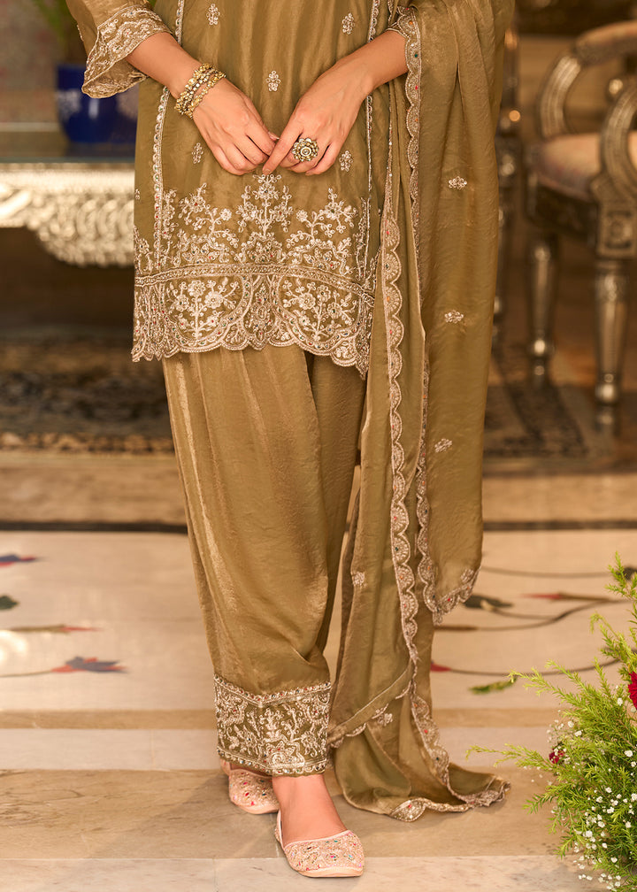 Olive Gold Blended Silk Farsi Salwar Set with Gold Embroidery