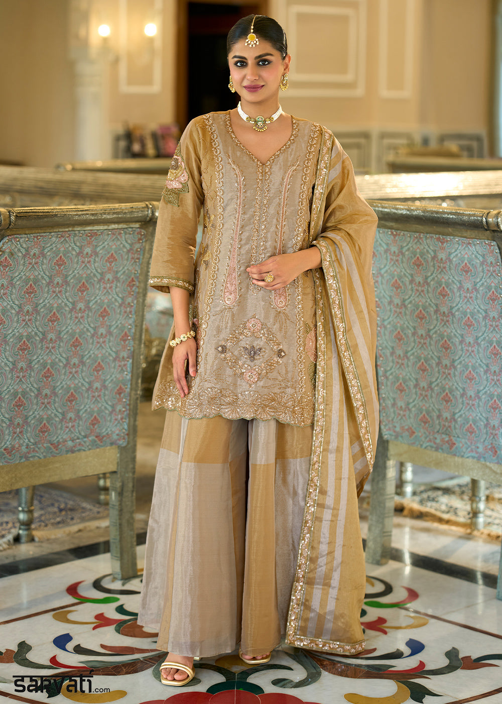 Champagne Gold Viscose Kanjivaram Silk Palazzo Suit Set with Fine Embroidery