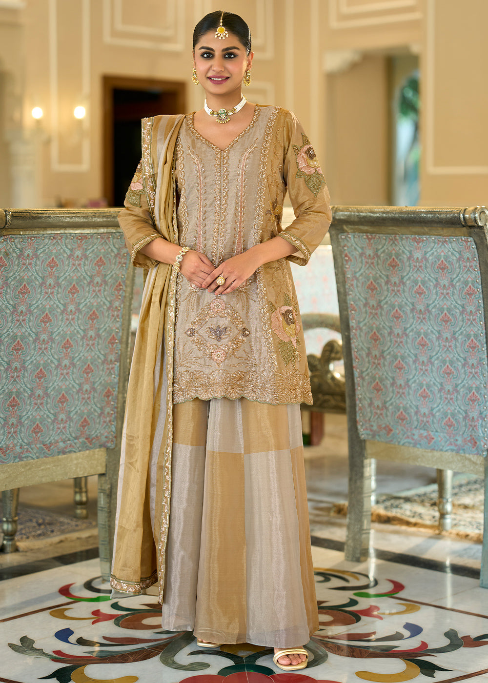 Champagne Gold Viscose Kanjivaram Silk Palazzo Suit Set with Fine Embroidery